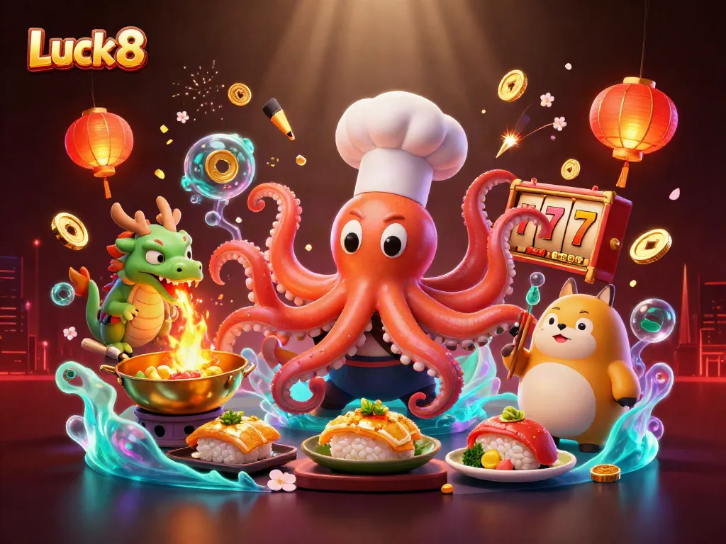 Engage with Luck8 through a vibrant scene featuring colorful characters and dynamic casino elements.