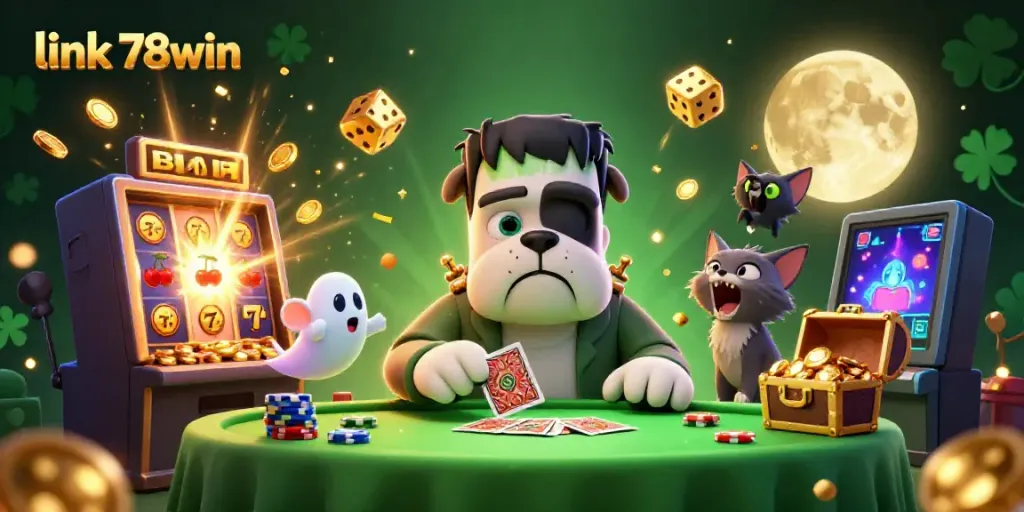 Experience a spooky casino atmosphere with link 78win, featuring a Frankenstein bulldog and dynamic slot machine scene.