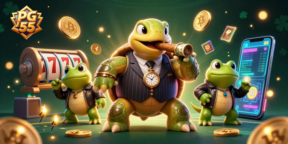 Play thrilling games at PG 55 with a vibrant casino scene featuring unique characters.