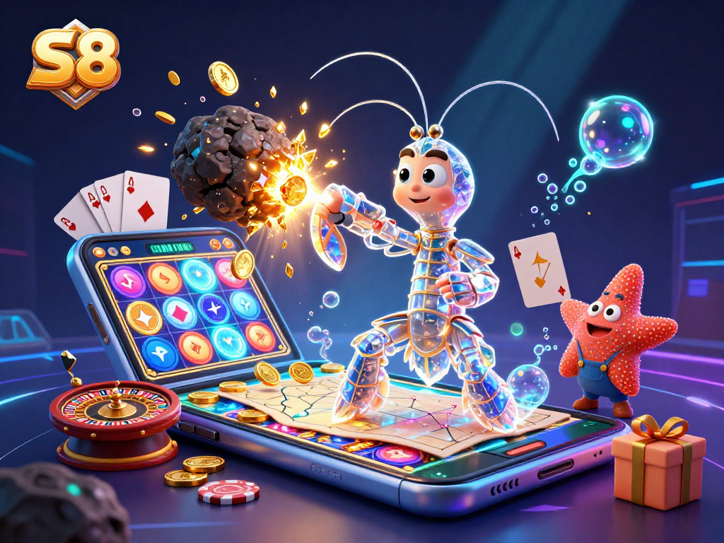 S8 captivates players with a galactic samurai shrimp unleashing cosmic riches in vibrant casino excitement.