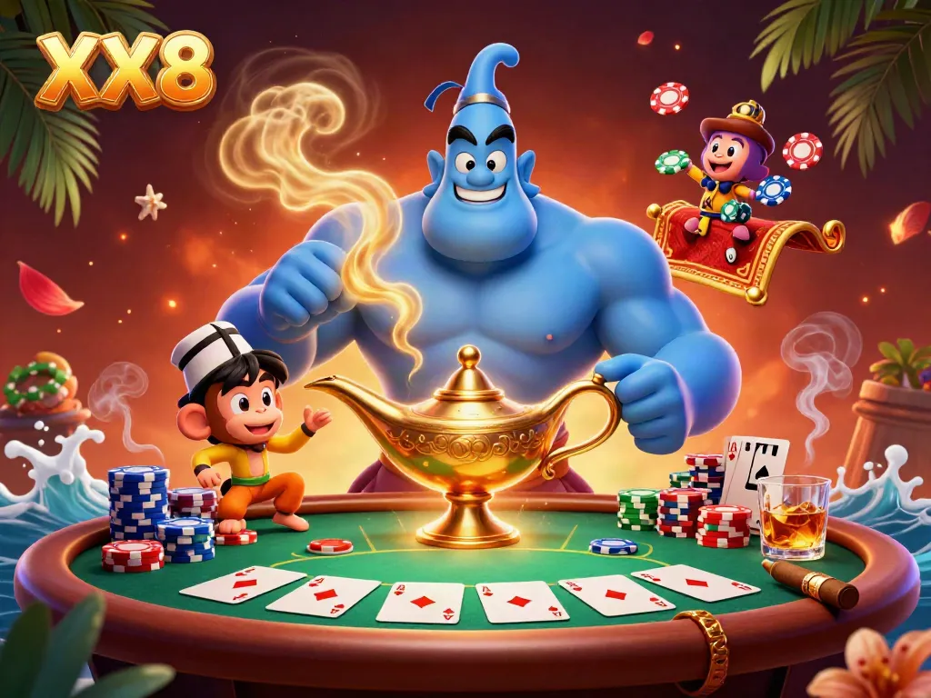 Experience the excitement of XX8 with a genie and a monkey in a vibrant casino scene filled with poker elements.