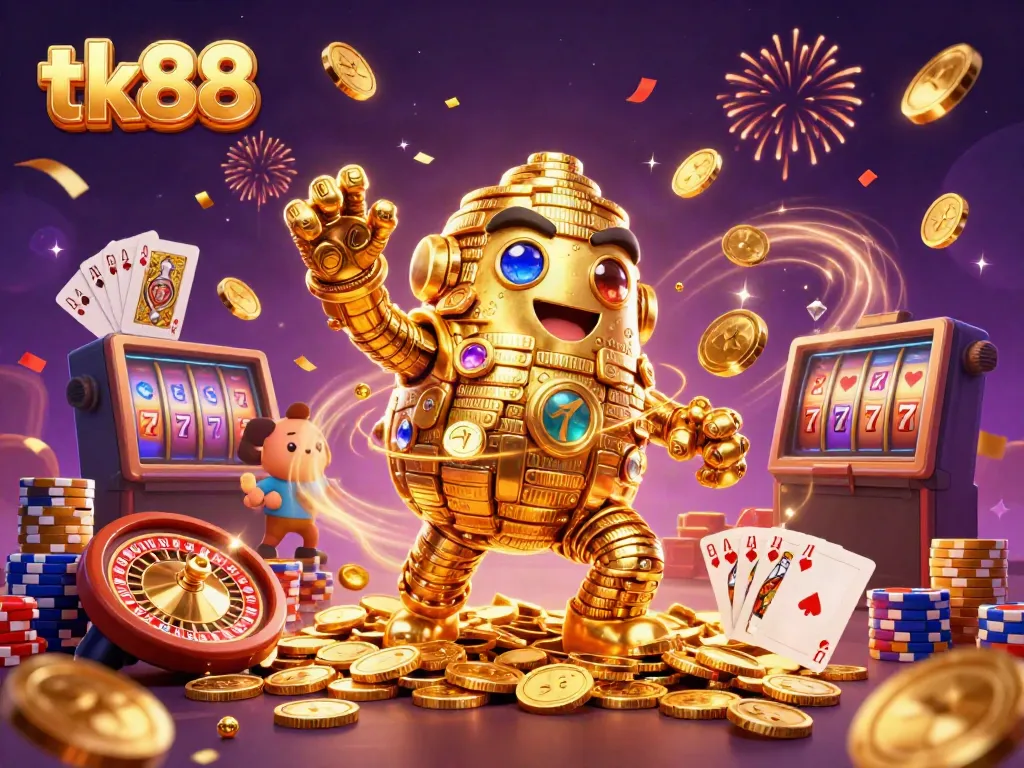 Win big with tk88's vibrant casino illustration showcasing slot symbols and exciting gameplay elements.