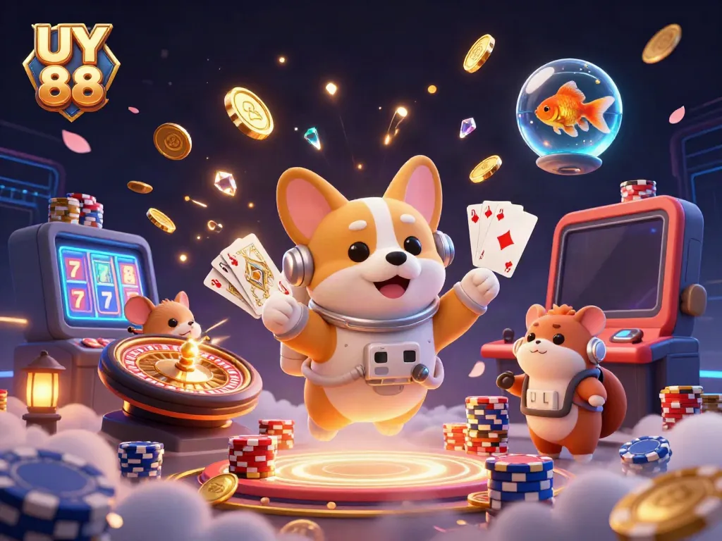 Experience top action with UY 88 as a corgi astronaut navigates a vibrant casino scene.