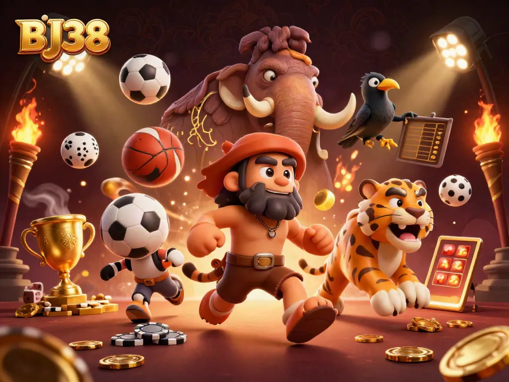 Experience the thrilling atmosphere of BJ38 with a prehistoric casino scene featuring legendary characters and dynamic game elements.