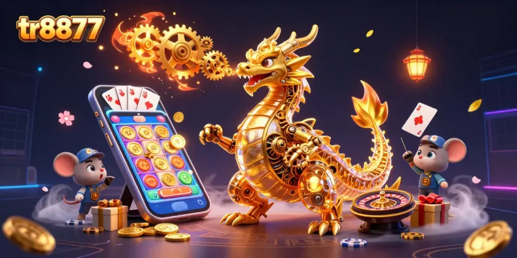 Engage in thrilling gameplay with tr8877's biomechanical dragon and vibrant casino elements.