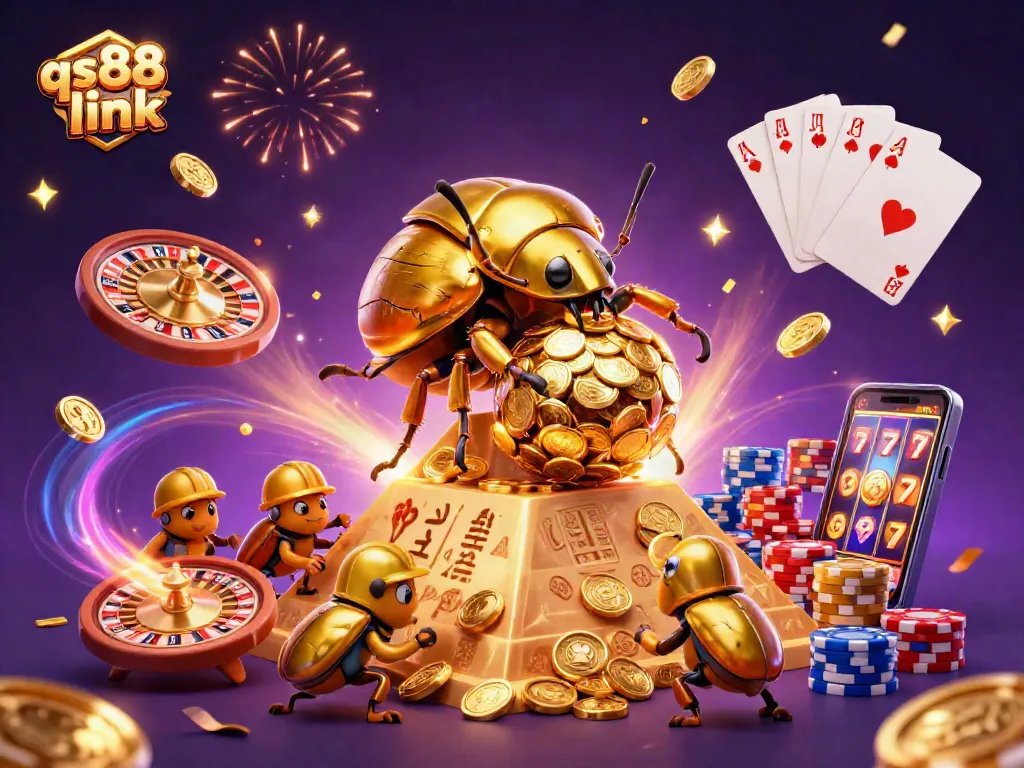 Experience the excitement of qs88 link as golden beetles navigate casino treasures in a vibrant 3D scene.