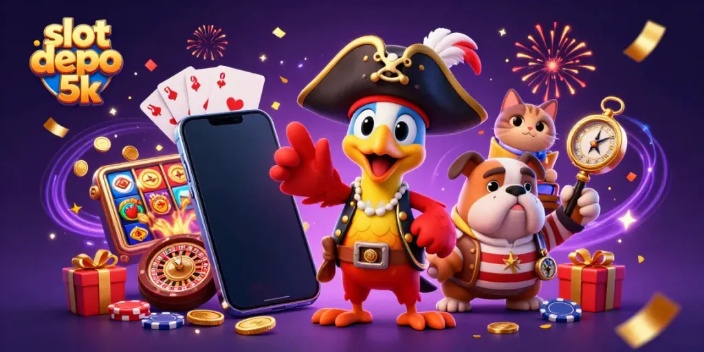 Experience thrilling gameplay with slot depo 5k, featuring dynamic characters, vibrant game elements, and festive visuals.