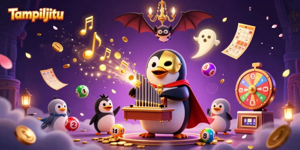 Tampiljitu showcases lively 3D penguin organist amidst lottery elements and golden coins in a vibrant casino scene.