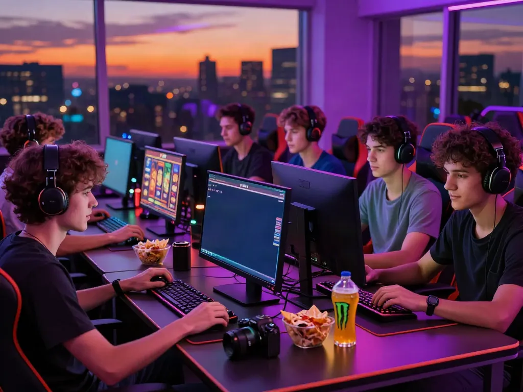 Exciting gaming scene with players engaged on modern devices showcasing tuan88 slot games.