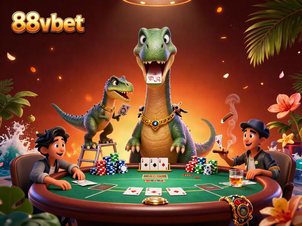 Experience the excitement of 88vbet with a vibrant 3D casino scene featuring a playful brontosaurus dealing cards.