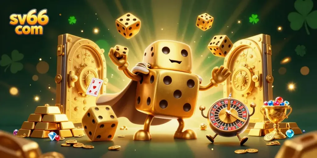 Experience exhilarating gaming action with sv66 com as golden dice juggle in a wealth-filled casino.