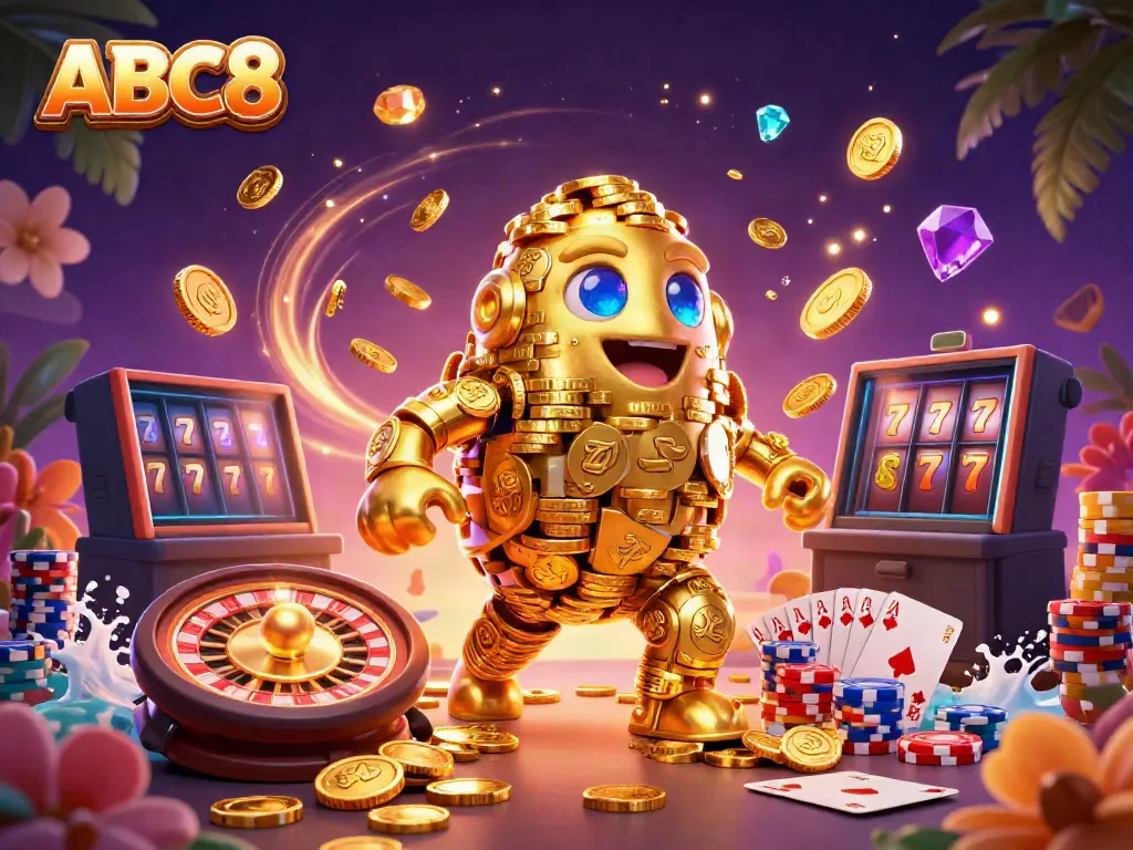 Experience thrilling gameplay at ABC8 with a dynamic ancient golden golem, dazzling coins, and vibrant casino elements.