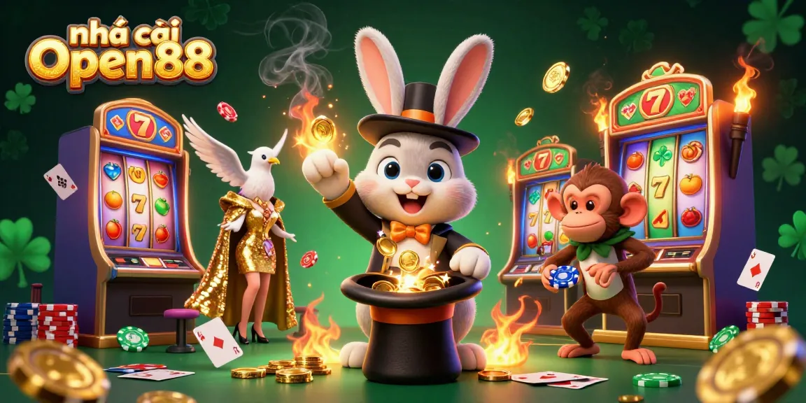 Engage with nhà cái Open88 in a vibrant 3D casino scene featuring a magician rabbit, dove, and monkey.