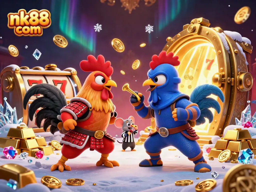 Engage in thrilling gameplay on nk88 com with cartoon roosters amidst gold coins and slot reels.
