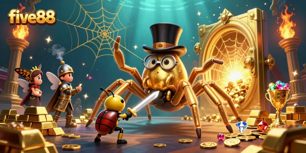 Experience the excitement of five88 with a brave beetle knight and a golden tarantula amid dazzling treasures.