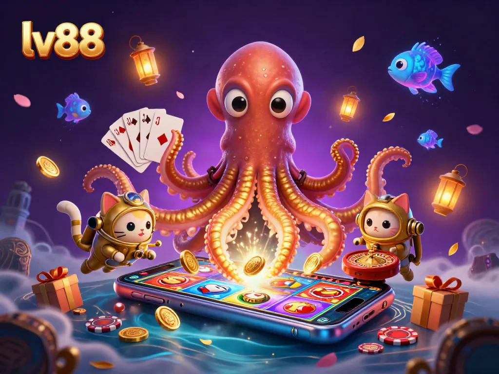 Experience thrilling gameplay at lv88 with a kraken, diving cat, and vivid slot game elements.