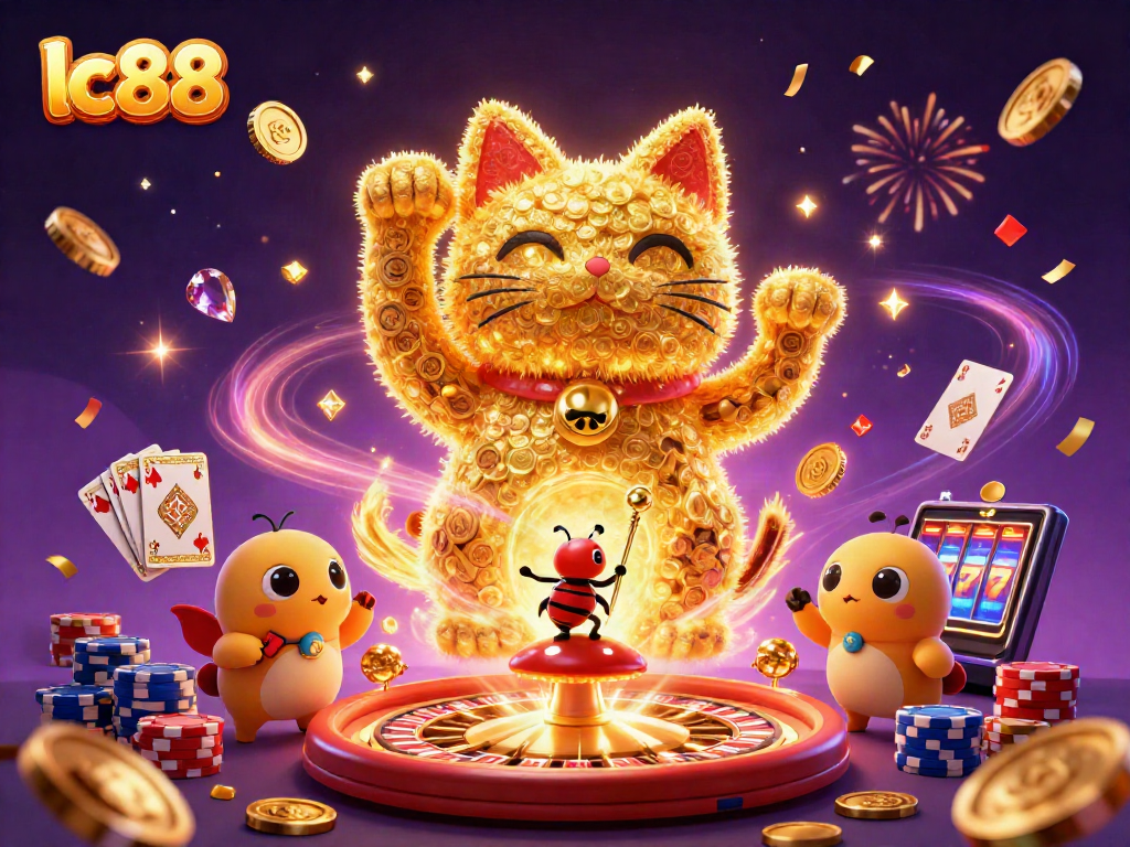Experience the magic of lc88 with a vibrant illustration of a waving lucky cat and casino symbols
