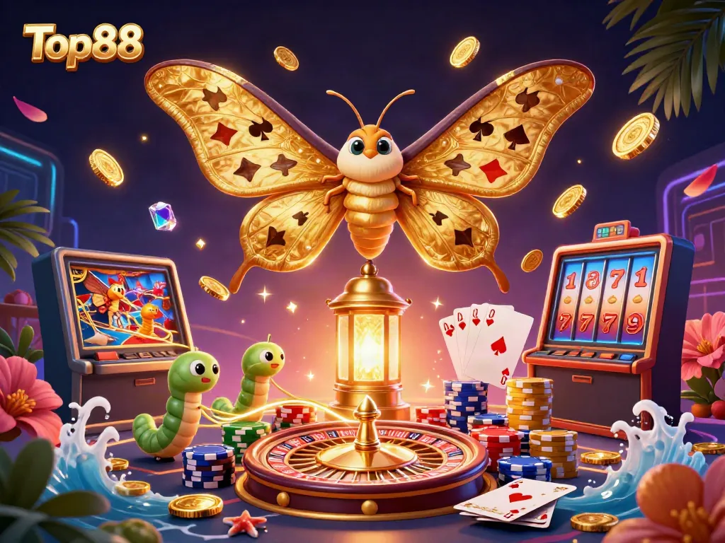 Engage with Top88 through vibrant casino-themed illustration showcasing dynamic gaming elements and luxurious visuals.