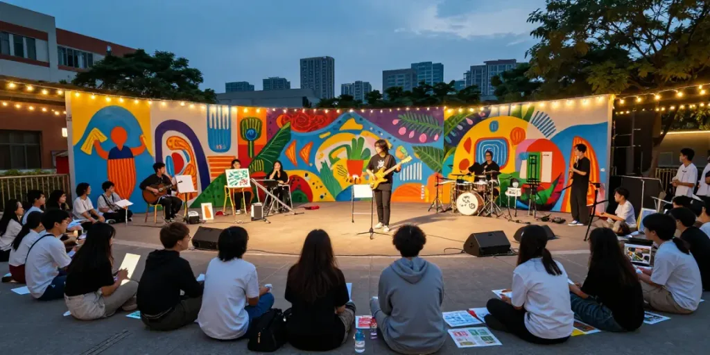 Students engaging in creative collaboration at the SUPER33 campus event, highlighting artistic culture.