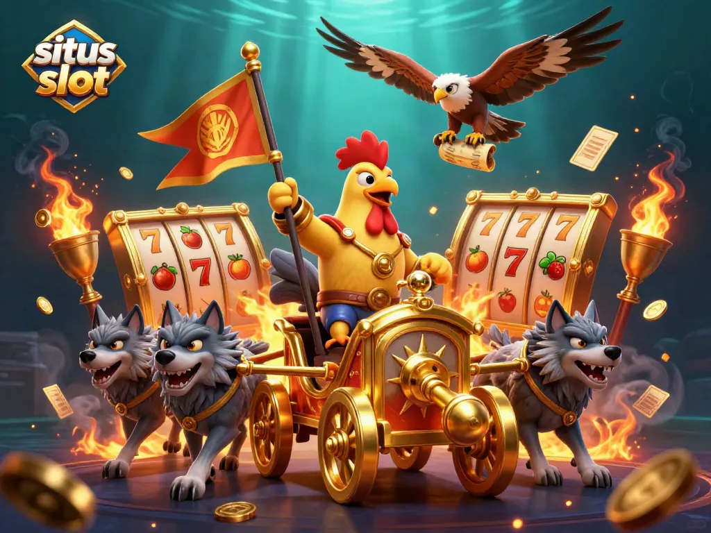 Situs slot illustration featuring a rooster warlord on a golden chariot amidst dynamic slot reels and casino elements.