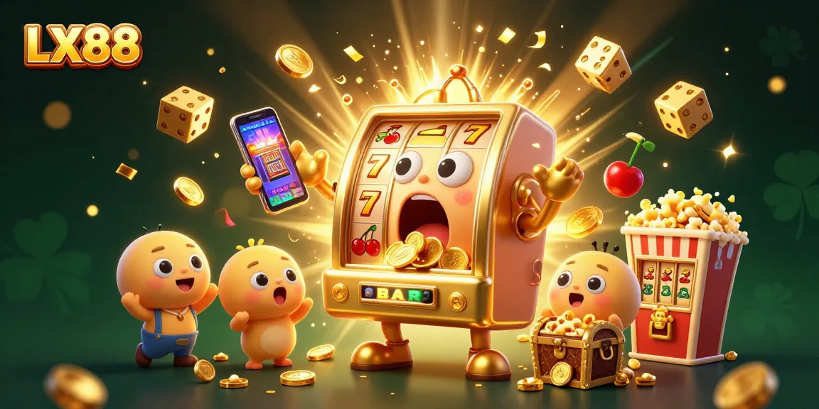 LX88 slot machine hitting a jackpot with gold coins pouring out, surrounded by cheering machines, capturing the excitement of gambling.