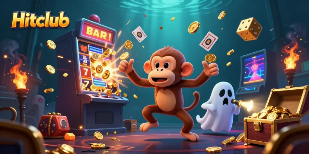 Engage with the thrilling Hitclub gaming experience featuring a poltergeist monkey juggling golden casino items in a vibrant scene.