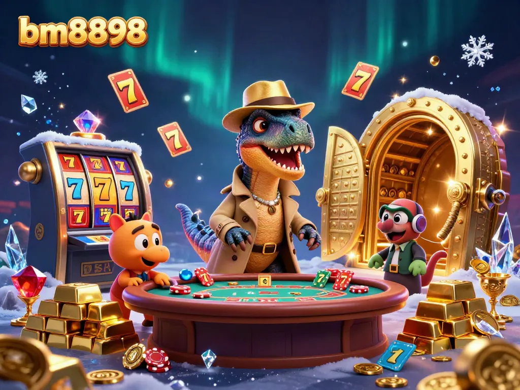 Experience the excitement of bm8898 with a cartoon velociraptor at a blackjack table surrounded by jackpots.