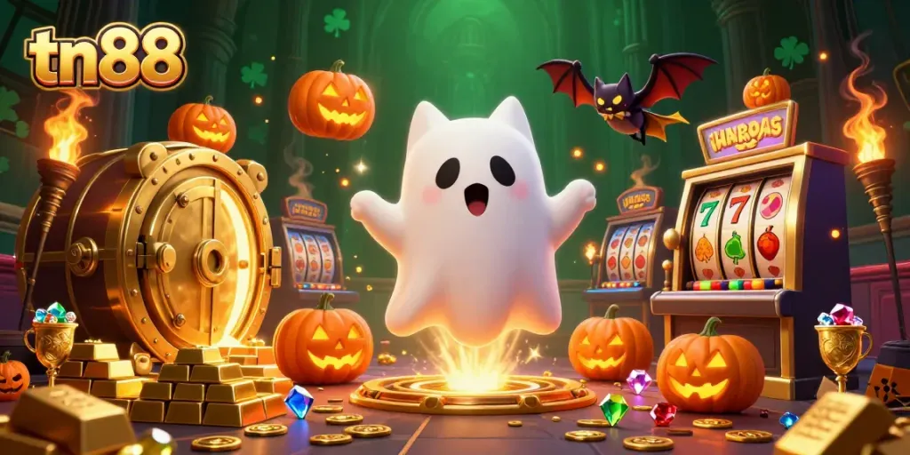 Engage in thrilling gaming with tn88 featuring a ghost cat in a haunted casino.