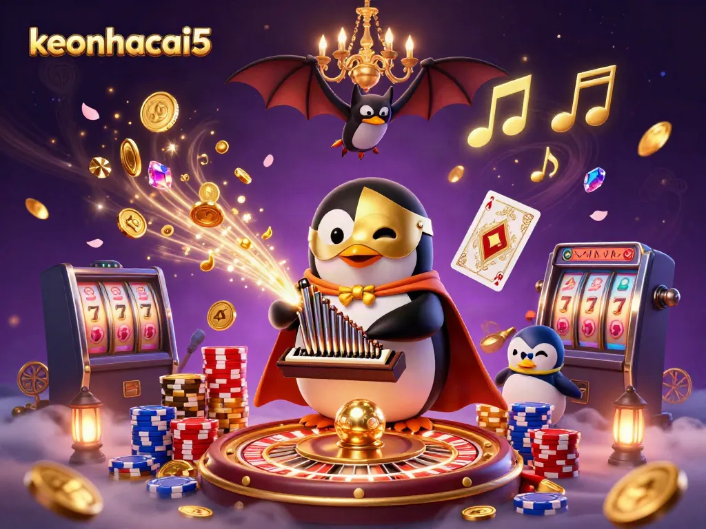 Experience thrilling bets with keonhacai5 as the phantom penguin coins cascade in a dynamic casino scene.