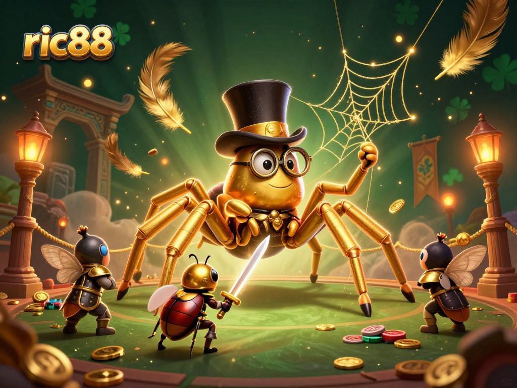 Experience excitement at ric88 with a giant tarantula and knight amidst a dynamic casino background.
