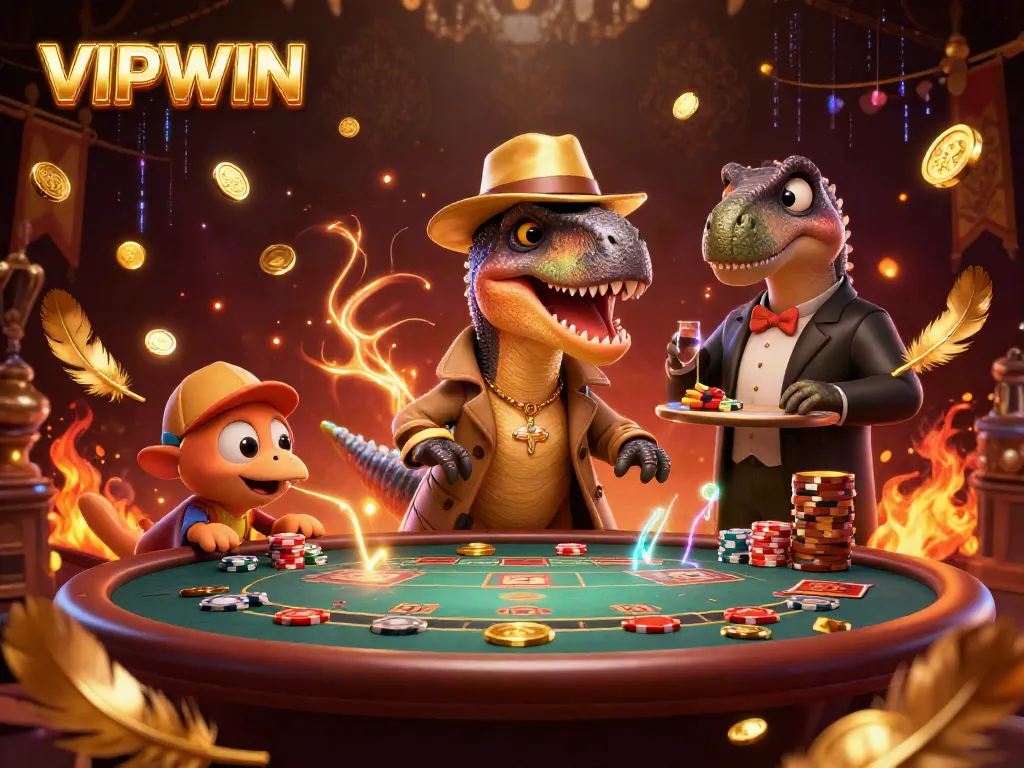VIPWIN: A cartoon velociraptor card counter and characters interacting at a lively blackjack table scene.
