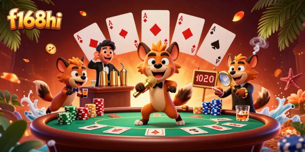 Hyenas entertain at a vibrant f168hi casino club, showcasing poker excitement with lively elements.