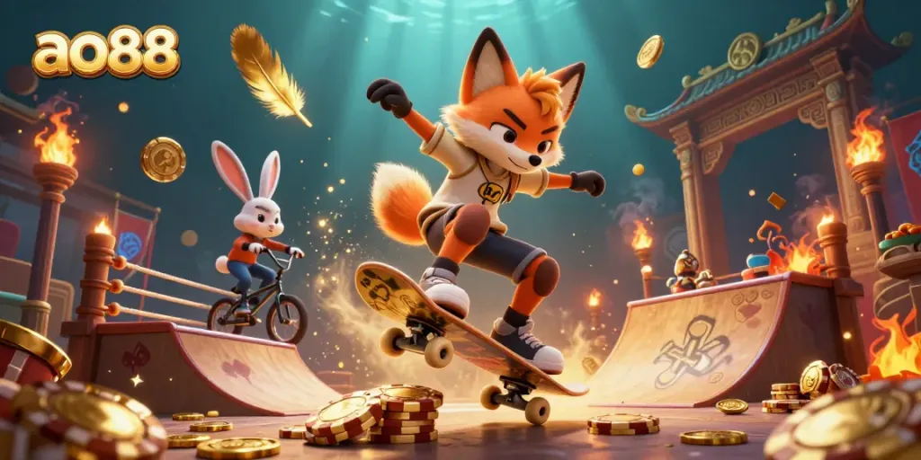 Experience gaming excitement with ao88 as a skateboarder fox and BMX rabbit shine in a colorful casino scene.
