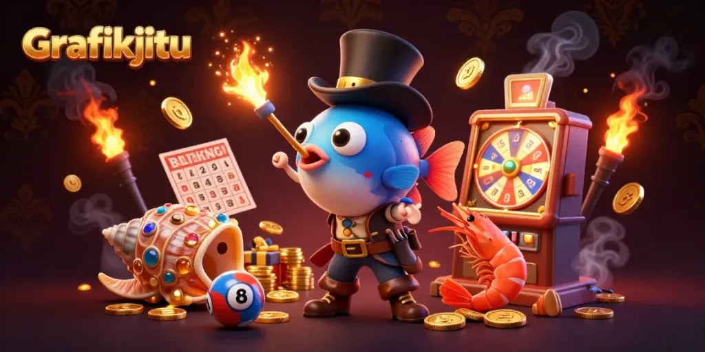 Engage with Grafikjitu as lottery elements celebrate winnings in an enchanting underwater scene.