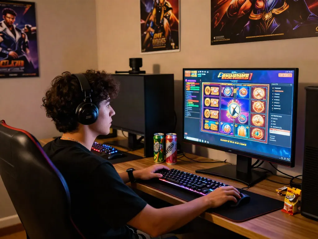 Engaged player exploring the excitement of pecah 404 slots in an immersive home gaming setup.