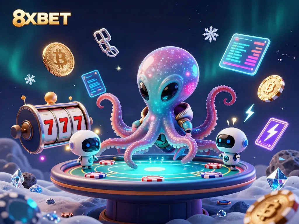 Experience 8XBET excitement through a vibrant alien octopus gaming illustration, showcasing dynamic casino elements.