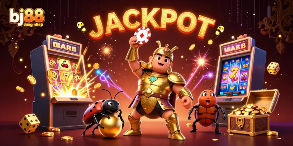 Experience exciting moments at bj88 dang nhap with a vibrant 3D illustration showcasing a hercules beetle celebrating victory in a colorful casino