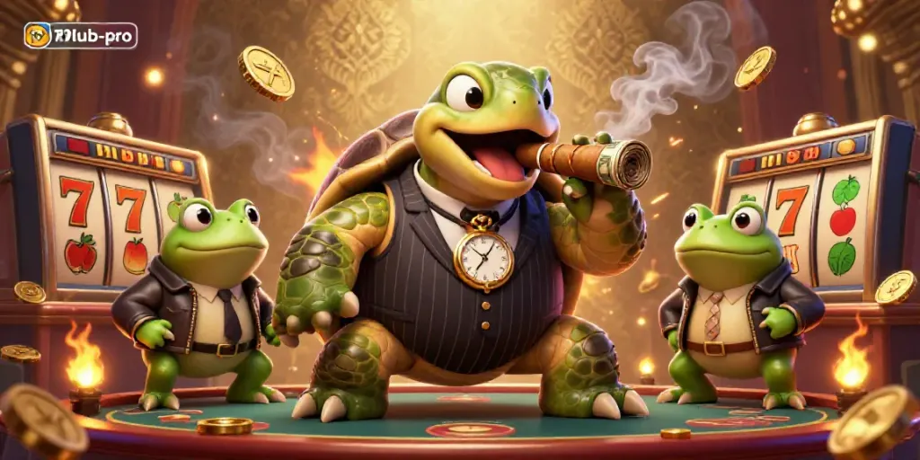 Engage in gaming excitement with 789lub-pro featuring a snapping turtle and bullfrog enforcers amidst vibrant slot elements.