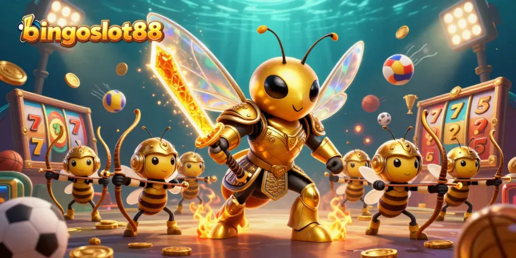 Permainan slot yang mengasyikkan di bingoslot88 dengan tokoh utama lebah emas bersenjata katana, dikelilingi elemen kasino.