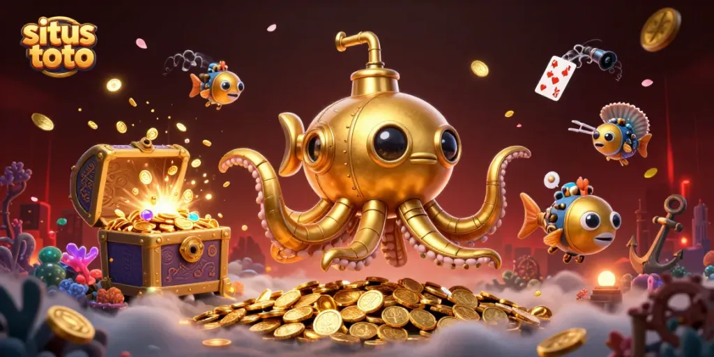 Menangkan permainan situs toto dengan ilustrasi kartun 3D kraken dan harta karun menunggu untuk ditemukan.