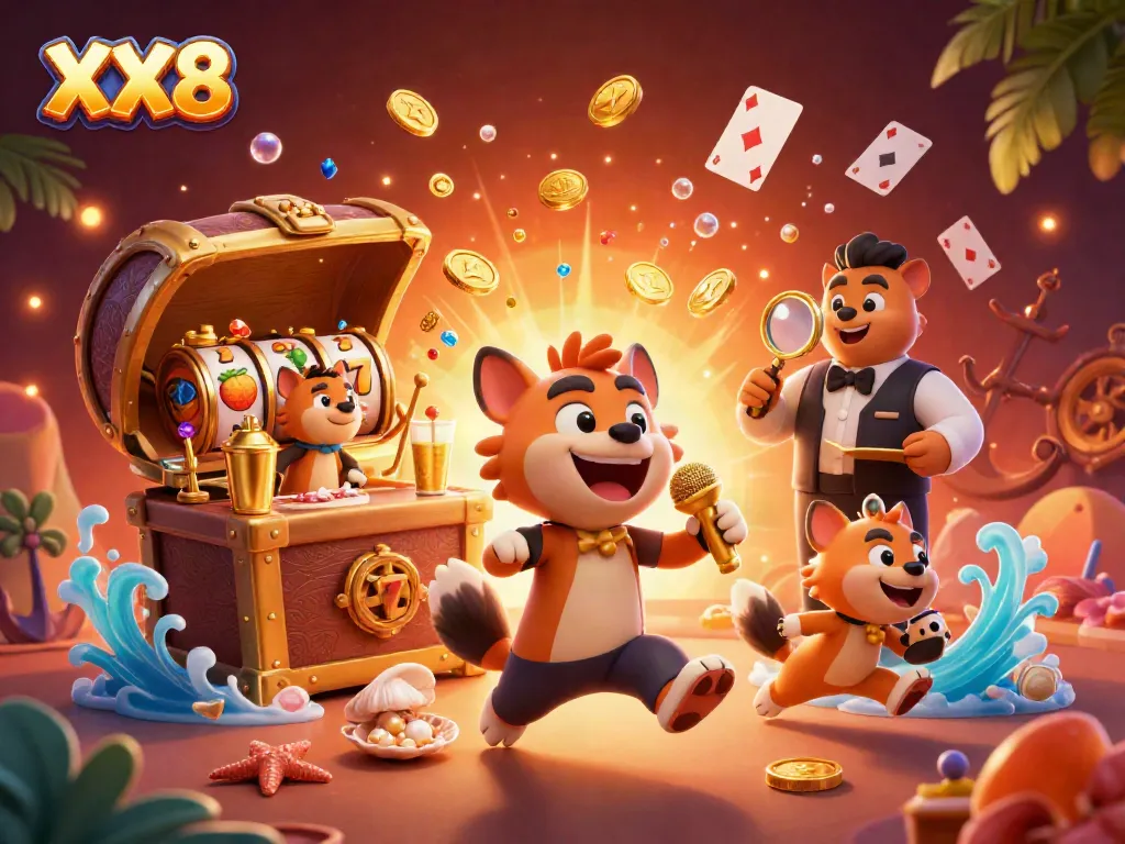 Experience the thrill of XX8 with hyenas running a vibrant casino, showcasing slot games and comedy elements.