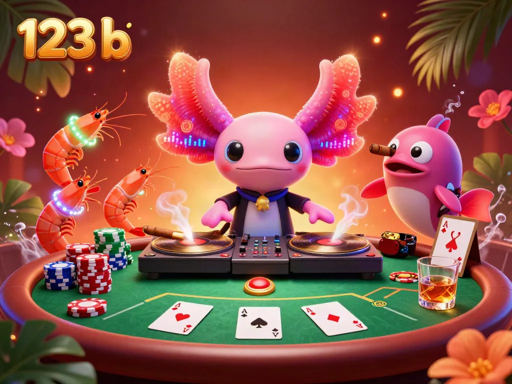 Amplifying the excitement at the 123 b casino with vibrant underwater characters spinning records and showcasing poker flair.