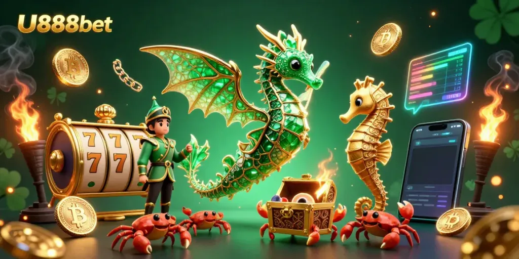 Experience the magical world of U888bet with a captivating sea dragon and vibrant crypto elements.