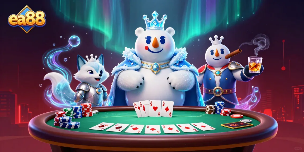 ea88 showcases a dynamic poker showdown featuring an ice king polar bear and snow fox amid colorful casino elements.