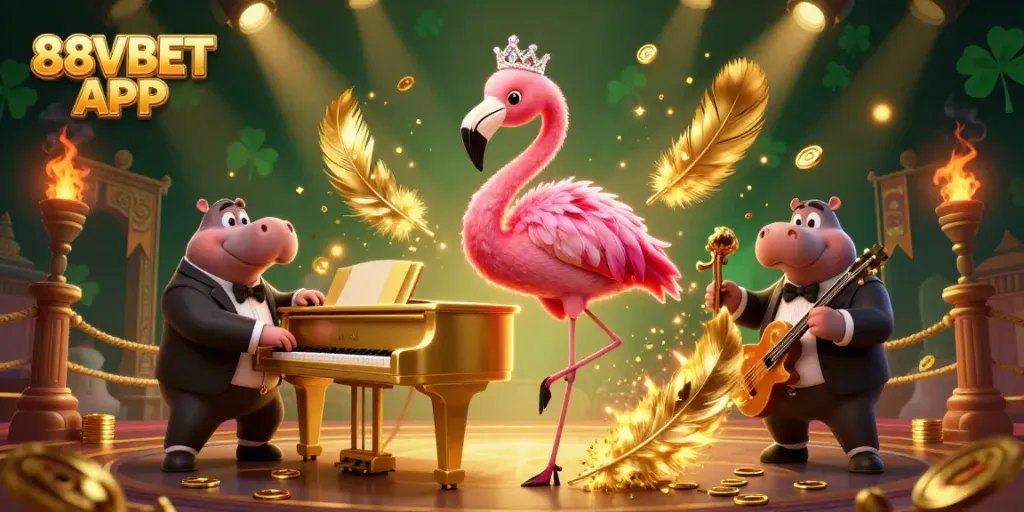 Experience the lively 88VBET APP with a flamingo singer, hippo bassist, and casino game elements.