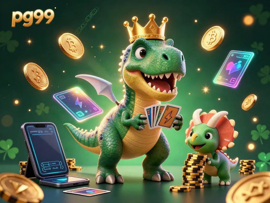Experience thrilling gaming at pg99 with a T-Rex dealing cards and dino friends stacked with chips.