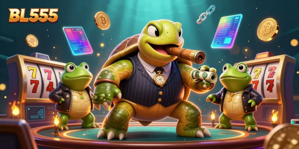 Experience thrilling adventures at BL555 with lively cartoon characters and vibrant casino elements.