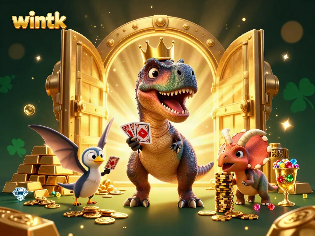 WinTK's charming T-Rex and friends engaging in lively card games amidst treasure-filled excitement.