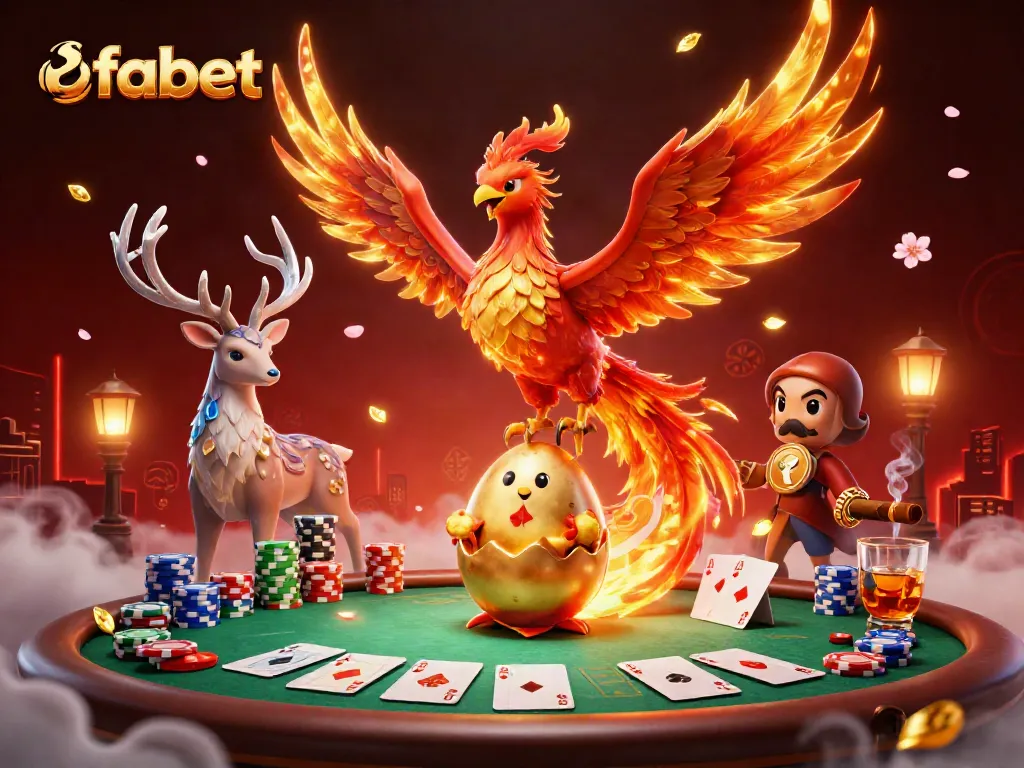 Experience vibrant gaming action with fabet, showcasing a phoenix and poker elements in a dramatic scene.
