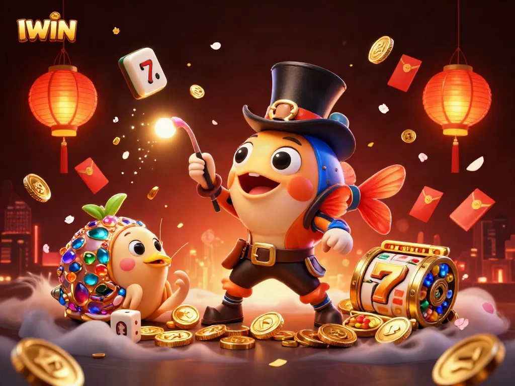IWIN shines with a vibrant scene featuring an anglerfish, pirate shrimp, and treasure snail surrounded by gambling riches.